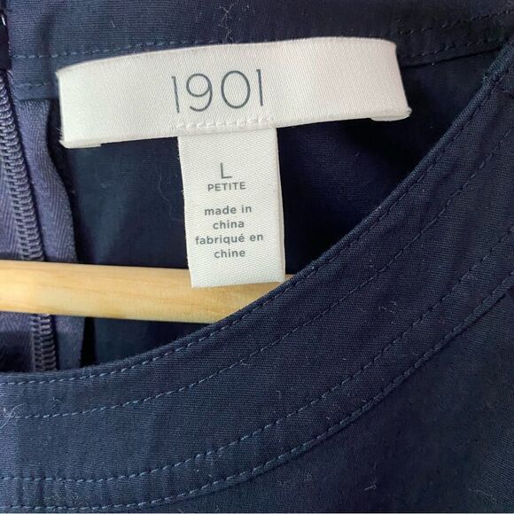 1901 Sailor Button Shoulder Stretch Cotton Poplin Navy Blue Midi Dress Retro - Picture 5 of 8